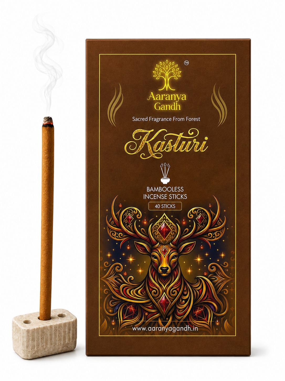Kasturi Bambooless Incense Sticks, Charcoal and Toxin Free, Forest-Inspired Fragrance, with Dhoop Holder (Medium, Kasturi)